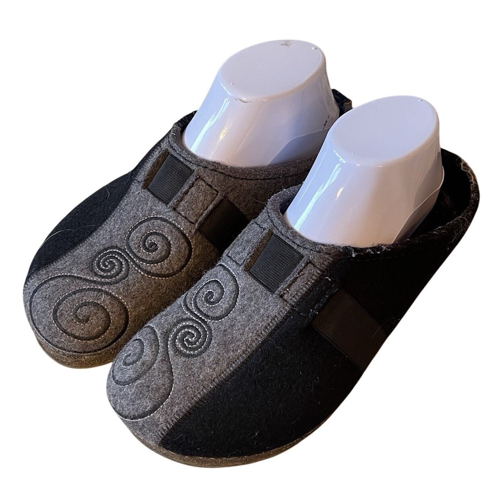 Haflinger Magic Swirl Women US 7 EU 38 Wool Clog Slippers Black Grey Embroidered
